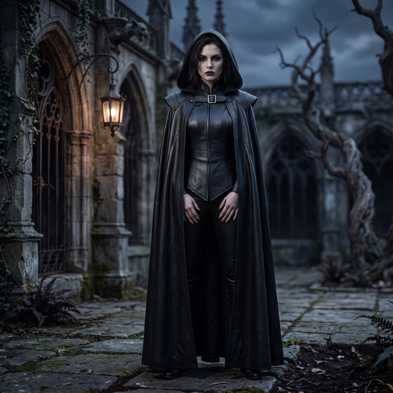 A woman stands in a gothic stone courtyard wearing a long black hooded cloak over a fitted black outfit. The scene has stone arches, a lit lantern, bare trees, and a moody cloudy sky.