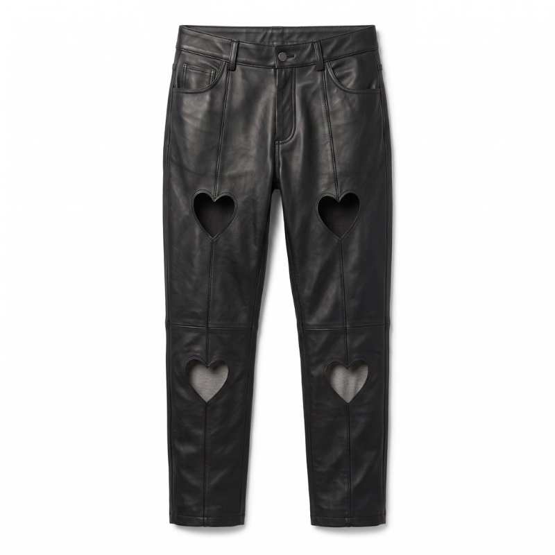 Black leather cropped pants with heart-shaped cutouts on the thighs and knees, shown flat against a white background.