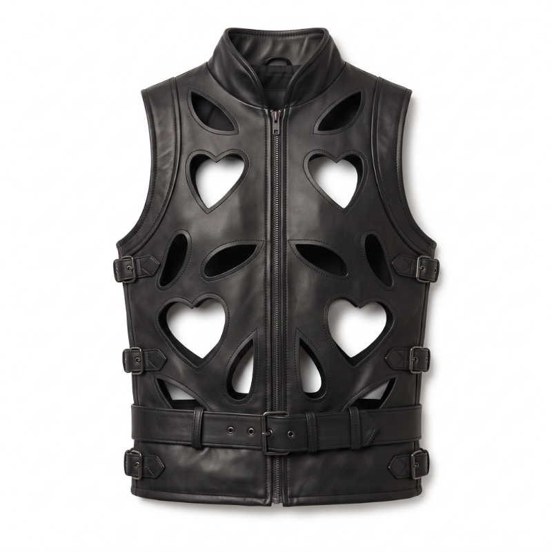 A black 
leather vest with a high stand-up collar, front zipper, and multiple heart-shaped cutouts on the front, featuring side buckle straps and a matching waist belt, shown against a plain white background.