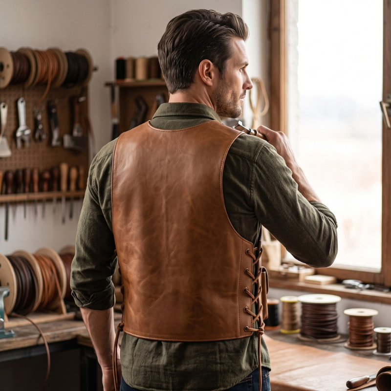 A man wearing a brown leather lace-up vest over an olive green shirt, standing in a leatherworking workshop with tools and spools of leather visible in the background.