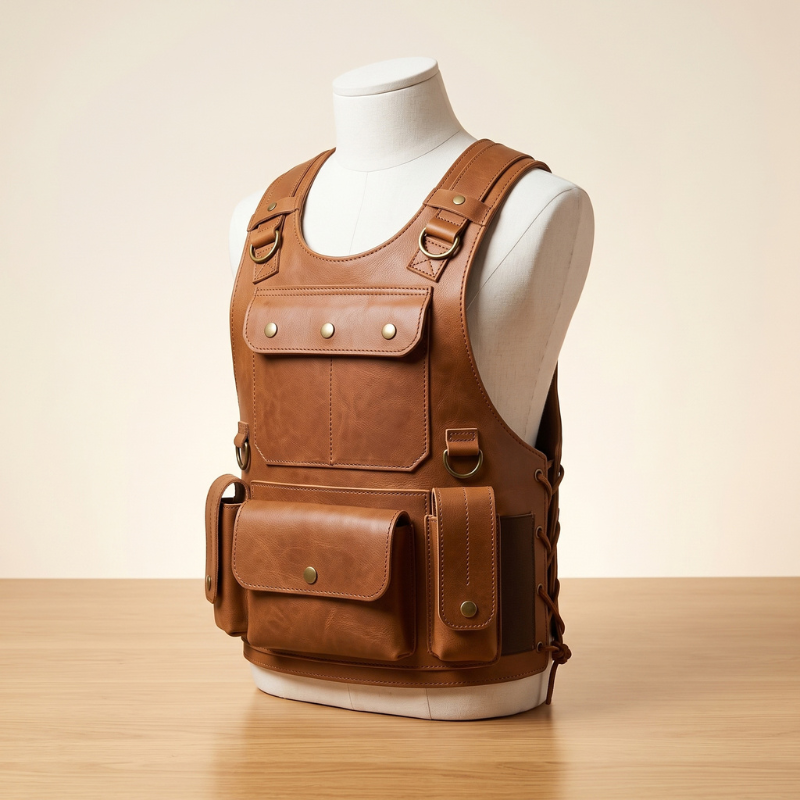 A brown leather utility vest displayed on a white mannequin torso, set against a warm beige background and light wood tabletop.