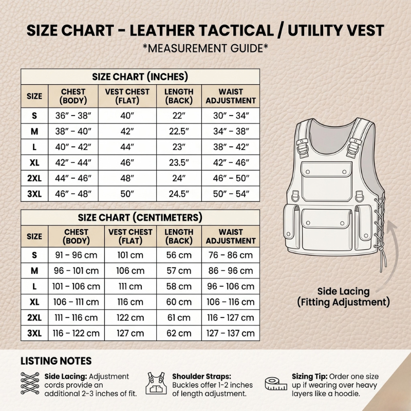 A size chart infographic for a leather tactical/utility vest, showing measurement tables in both inches and centimeters, alongside a labeled illustration of the vest with side lacing.