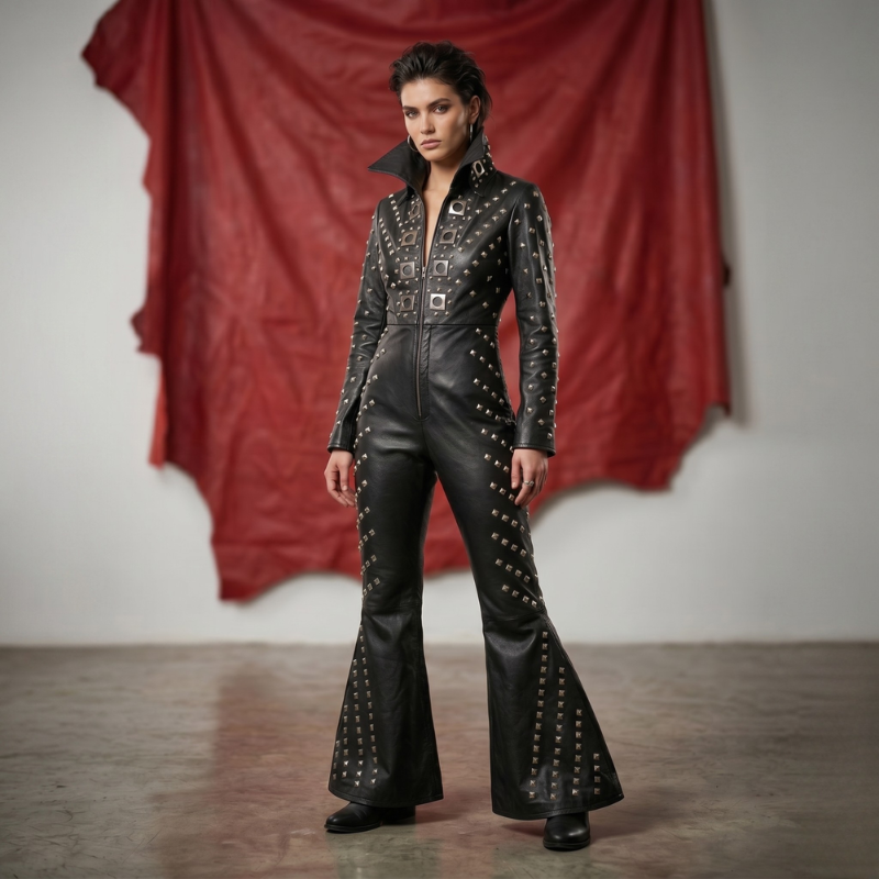 A model stands in a studio wearing a black Genuine leather jumpsuit covered in silver studs and silver moon-and-stars applique, posed in front of a draped red fabric backdrop.