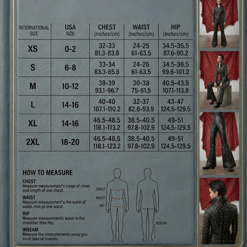 A size measurement chart for a clothing item, showing a size table from XS to 2XL with chest, waist, and hip measurements in inches and centimeters, plus body-measurement instructions and small inset photos of models wearing the garment.